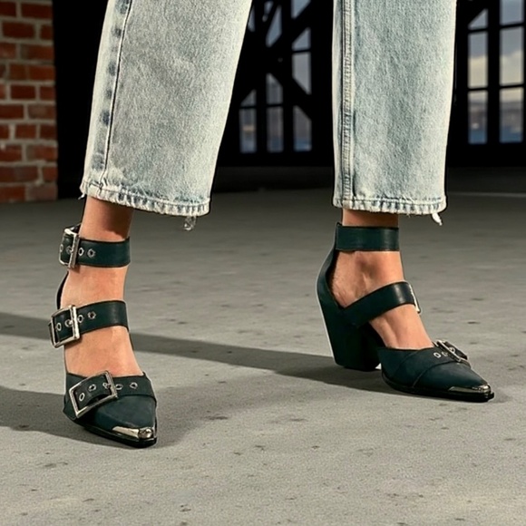 JEFFREY CAMPBELL for FREE PEOPLE Hendrix Leather Heels Buckles Back Zip Black - Picture 1 of 15